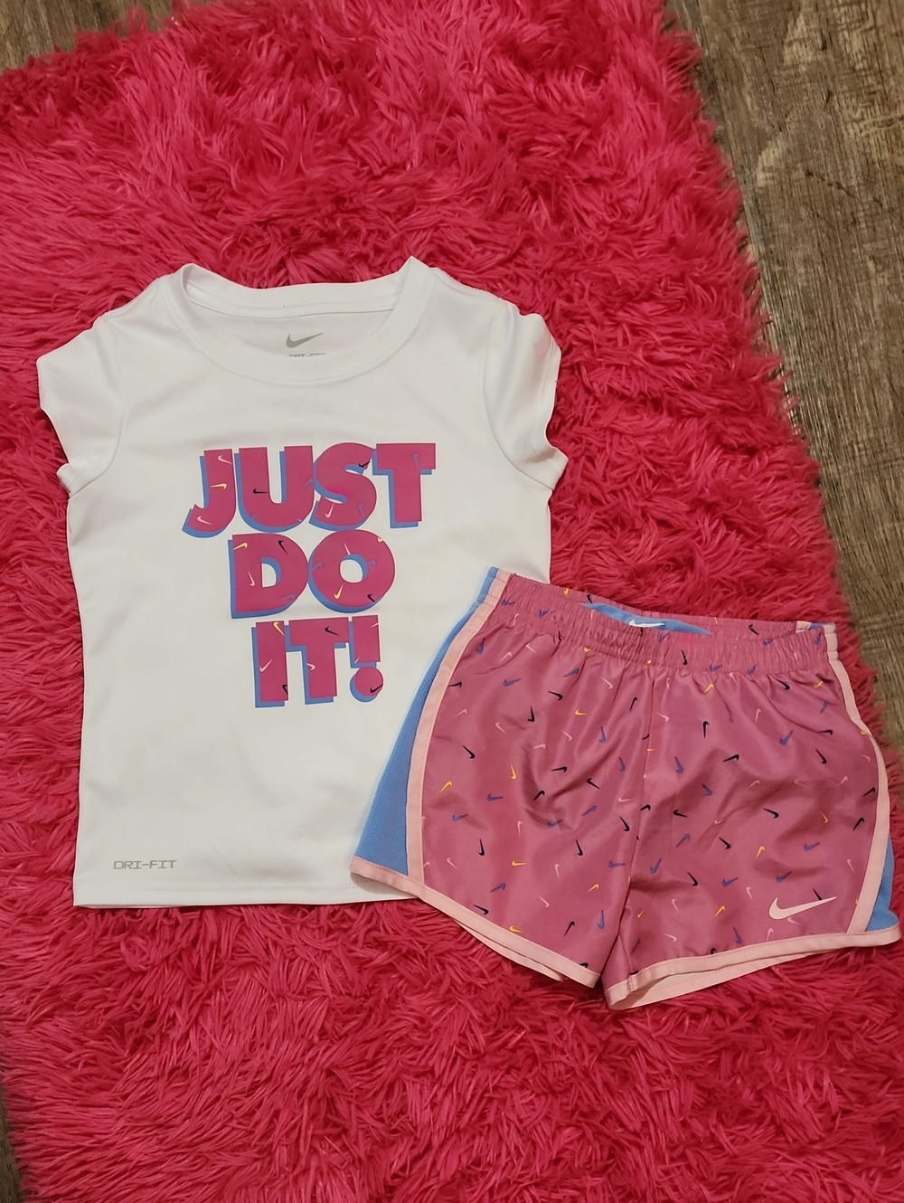 Nike White Tee with Pink & Blue Graphic and Pink Athletic Shorts